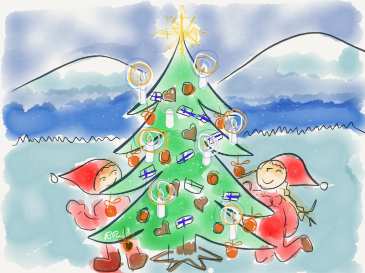 What a joy! The Elves met a Christmas Tree all over decorated. Drawing of Santa Claus for Christmas Calendar 2014 